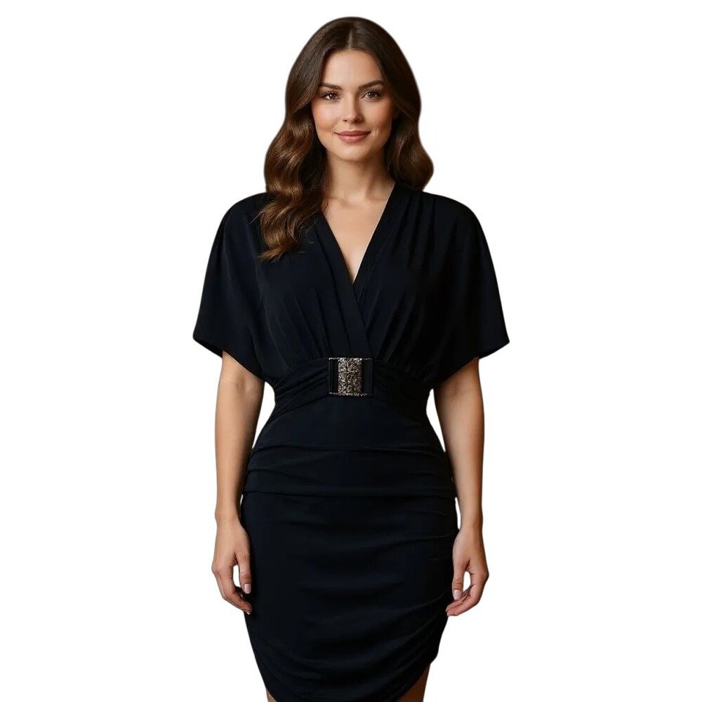 Sabora Black Ruched Belted V-Neck Dress Size M - Picture 2 of 10